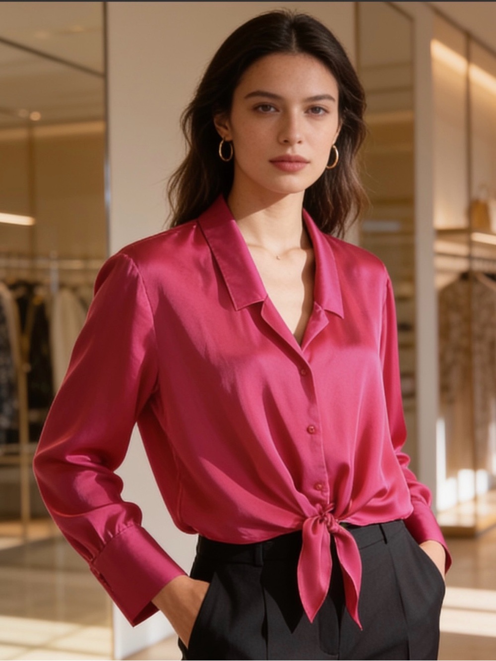 Worthington Fuchsia Button-Down Tie-Front Blouse.